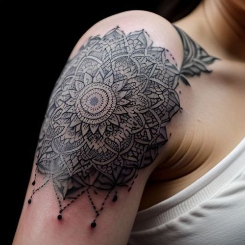 A dotwork geometric mandala tattoo on a woman's upper arm, showcasing precision and the artistic use of modern tattoo styles