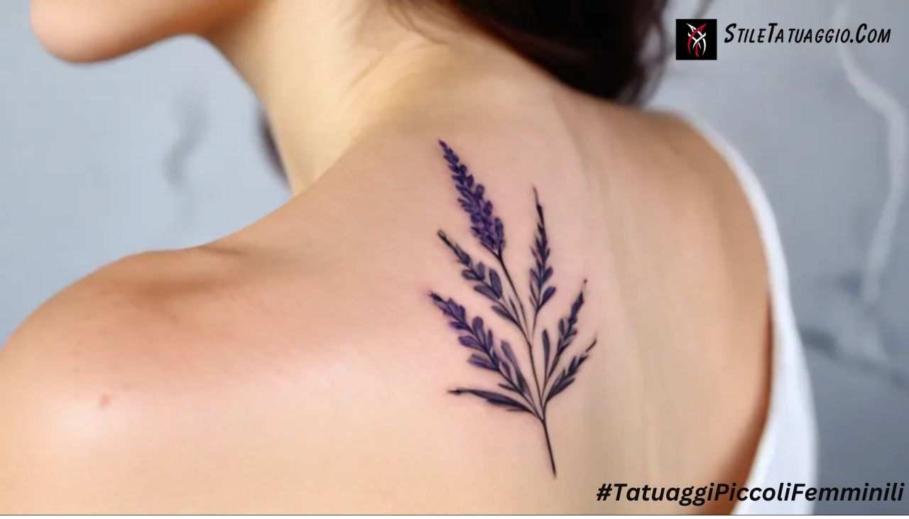 Un piccolo e delicato tatuaggio color lavanda sulla clavicola di una donna, che simboleggia l'eleganza femminile e la semplicità2