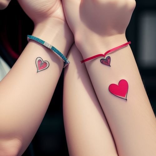 Piccoli tatuaggi a forma di cuore abbinati sui polsi di due donne, a simboleggiare un'occasione speciale e un legame condiviso