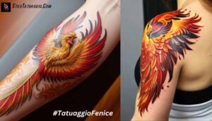 Tatuaggio di fenice sull'avambraccio con fiamme e piume vivaci, simbolo di rinascita e resilienza.