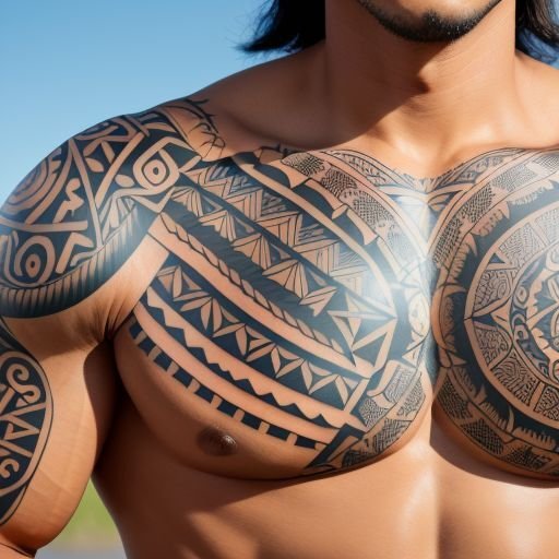 Un audace tatuaggio Maori sul petto di un uomo, con motivi tribali tradizionali che simboleggiano protezione, coraggio e tradizione. Il disegno è nitido e allineato geometricamente.