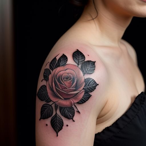 Un delicato tatuaggio floreale sulla spalla di una donna, in un disegno a linee sottili, raffigurante rose e peonie in inchiostro nero. Il design è morbido e femminile, con dettagli intricati nei pe