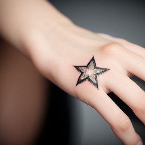 Un piccolo tatuaggio a forma di stella sul dito di una donna, ispirato alle tendenze dei tatuaggi delle celebrità e alle influenze della moda