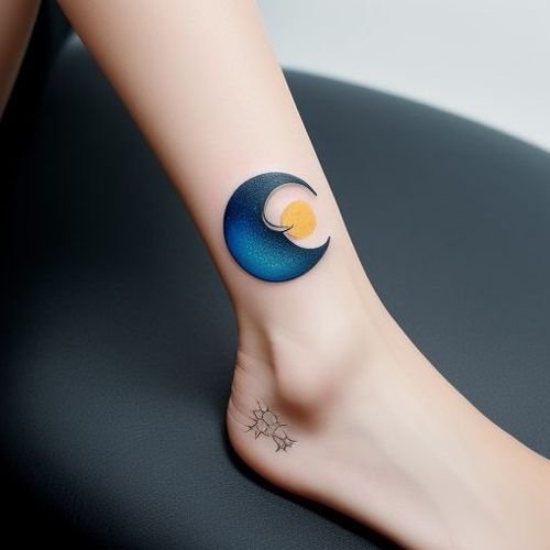 Un piccolo tatuaggio raffigurante un sole e una luna crescente dal design pulito e minimalista sulla caviglia di una donna, che riflette le tendenze moderne dei tatuaggi