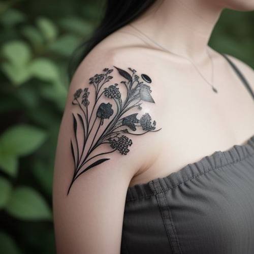 Un sottile tatuaggio in inchiostro nero di un bouquet di fiori selvatici sulla scapola di una donna, che riflette la bellezza naturale e la grazia femminile