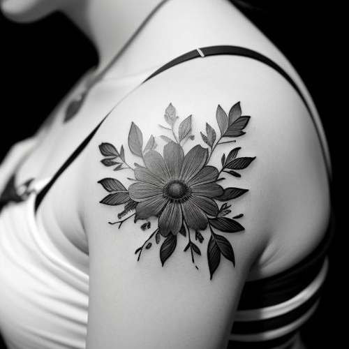 Un tatuaggio in inchiostro nero finemente dettagliato di fiori selvatici sulla scapola di una donna, che cattura l'essenza della natura e l'eleganza floreale