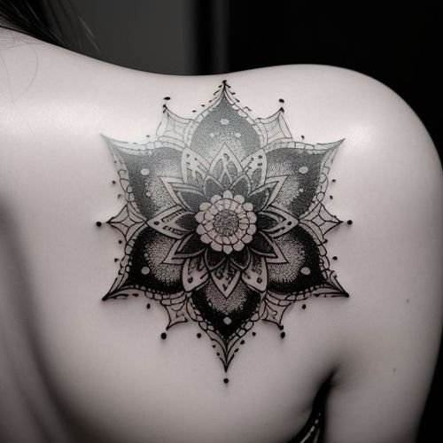 Un tatuaggio mandala geometrico dettagliato in stile dotwork sulla parte superiore del braccio di una donna, che mette in risalto il disegno intricato e le tecniche di tatuaggio innovative