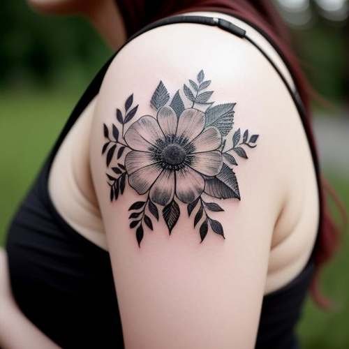 Un tatuaggio minimalista di un bouquet di fiori selvatici in inchiostro nero sulla scapola di una donna, che evidenzia la bellezza e la semplicità ispirate alla natura