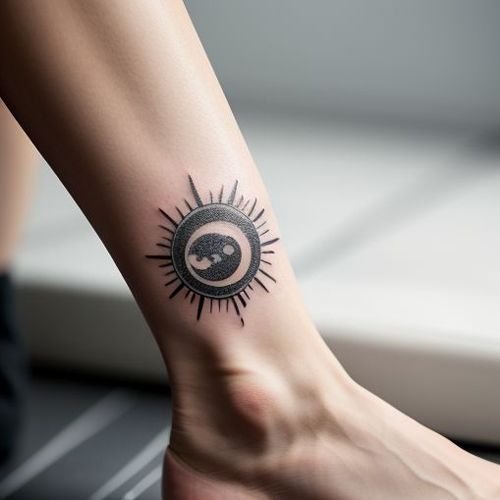 Un tatuaggio minimalista raffigurante il sole sulla caviglia di una donna, che rappresenta una scelta di tatuaggio alla moda e simbolica