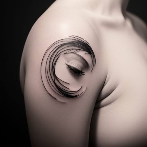 Un tatuaggio minimalista raffigurante il volto di una donna in una linea continua, posizionato sulla parte superiore del braccio, che rappresenta un'arte del tatuaggio semplice ma elegante