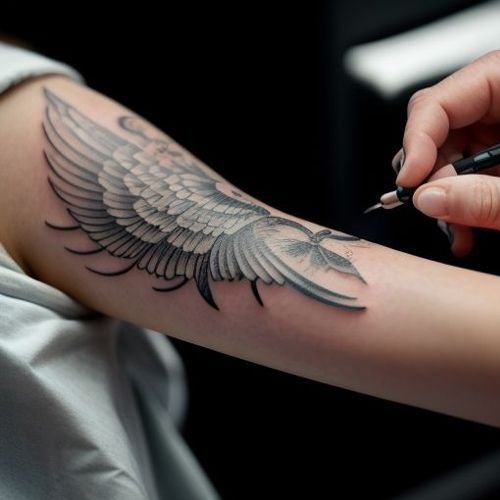 Un tatuatore intento a tatuare un piccolo uccello sul polso di una donna, dimostrando la sua competenza nel realizzare piccoli tatuaggi delicati e dettagliati