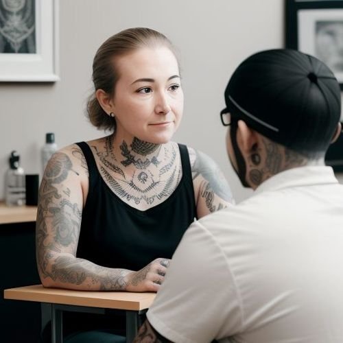 Una donna consulta un tatuatore per discutere di piccoli disegni e posizionamento prima di farsi fare il suo primo tatuaggio