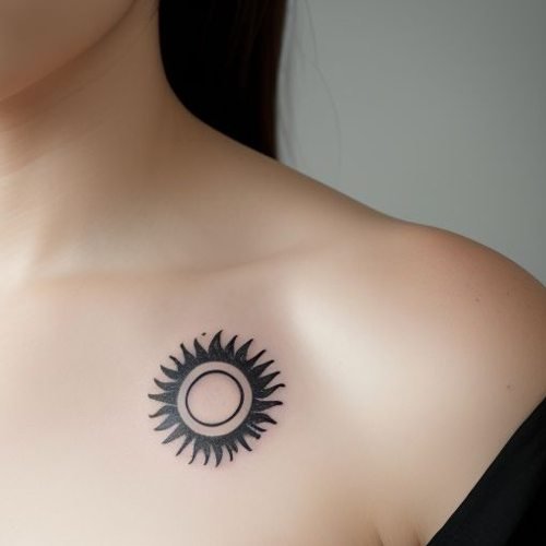 tatuaggio del sole sulla clavicola di una donna, che simboleggia calore, energia e positività copy