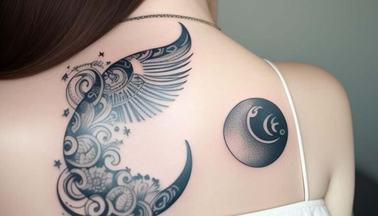 Tatuaggio minimalista Sole e Luna sul dorso della mano di una donna, simbolo di equilibrio e armonia