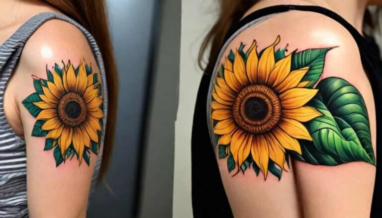 Vibrante tatuaggio di girasole sulla parte superiore del braccio che simboleggia positività, crescita e calore con intricati dettagli di petali e ombreggiature